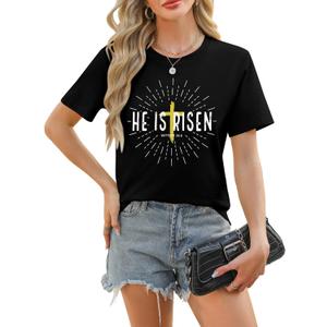 Easter Shirts for Women Christian Shirts He is Risen Tshirt Religious Cross Jesus Funny Faith Short Sleeve Tops (Small)