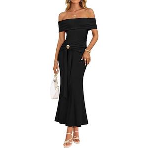 ZESICA Womens Summer Off The Shoulder Bodycon Maxi Dress 2026 Elegant Wedding Guest Formal Cocktail Party Long Dresses,Black,Small (Black)