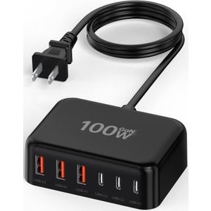 Updated USB C Fast Charger Block, 100W GaN 6 Port PD USB C QC USB A Wall Charger Adapter Plug Cube, Type C Charging Station Hub for iPhone 17 16 15 14 13 Pro Max iPad Samsung Pixel 5ft Extension Cord