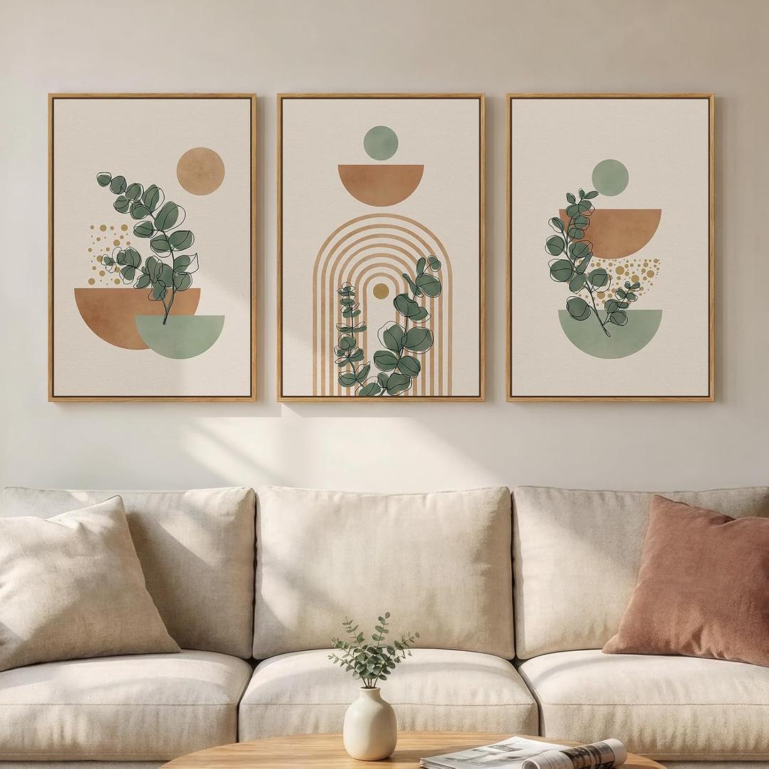 Framed Abstract Boho Wall Art for Living Room, Large Botanical Sage Green Plant Canvas Artwork for Walls, Minimalist Neutral Geometric Line Prints Paintings for Bedroom Hallway 16x24 Inch, 24" H x 16" W x 3Pcs