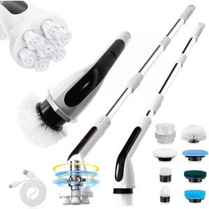 Electric Spin Scrubber Bathroom, Cordless Patent Cleaning Brush Head, Rechargeable Bathroom Cleaner, Adjustable/Detachable Long Handle, 8 Replaceable Brush Heads, 2 Speeds, Full-Body IPX7, LCD Display