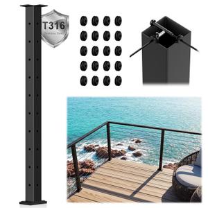 Marine Grade 36" Swageless 3-Sides Cable Railing Corner Post, T316 Stainless Steel 35"x2"x2" Surface Mount Fixed Top Modular 90° T-Drilled Corner Post, Black for Coastal Decks with Grommets