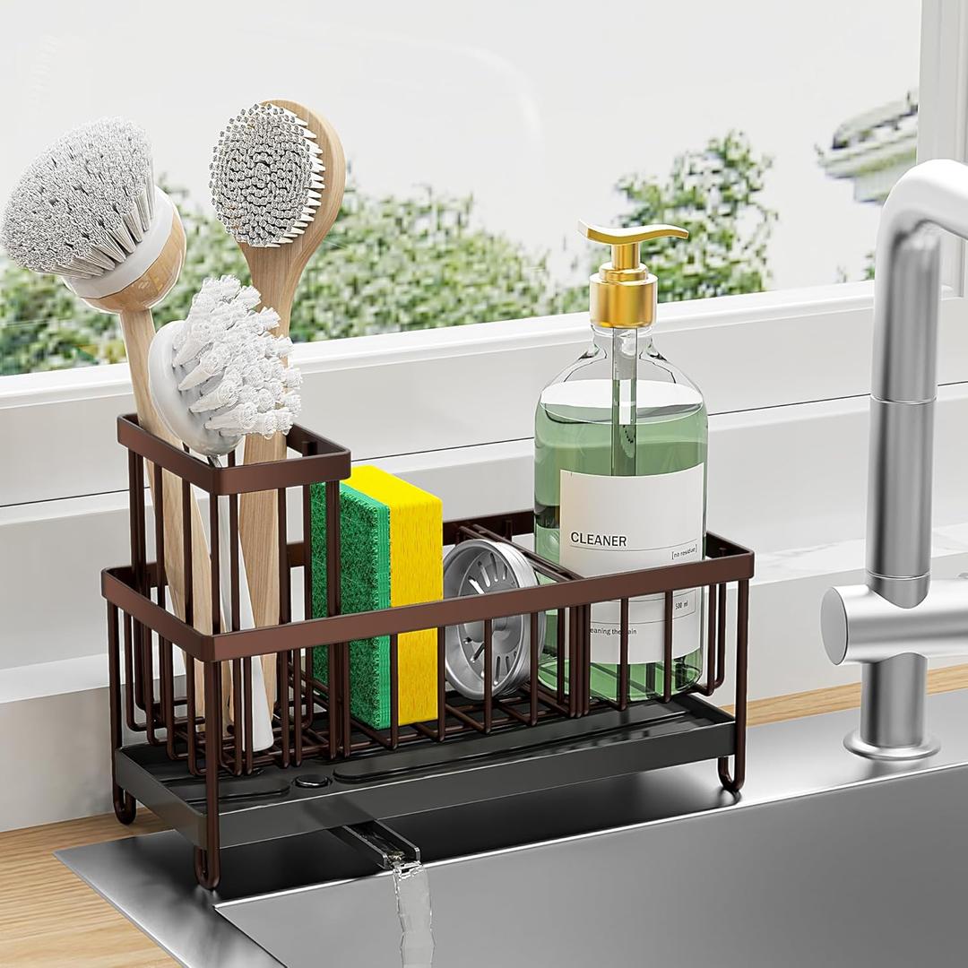 Cisily Brown Sponge Holder for Kitchen Sink, Sink Caddy Organizer with High Brush Holder, Kitchen Countertop Organizers and Storage Essentials, Rustproof 304 Stainless Steel, Soap Dispenser Organize, Brown