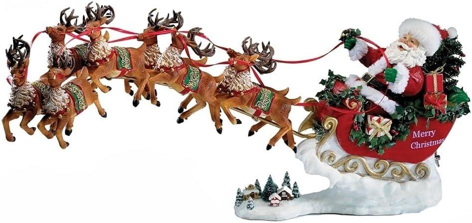 Kurt Adler Musical Santa with 8 Reindeer 2-Piece Set, 24-Inch