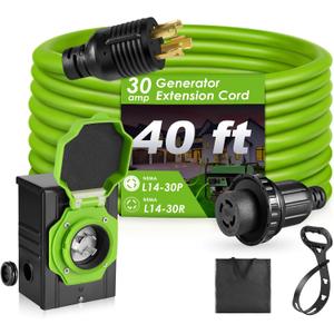 Seeutek 30 Amp Generator Cord - 40 FT 4 Prong Generator Extension Cord with Pre-drilled Power Inlet Box, NEMA L14-30P/L14-30R Functional Waterproof Cable, High Conductivity, ETL Listed (Black+Green 30amp)