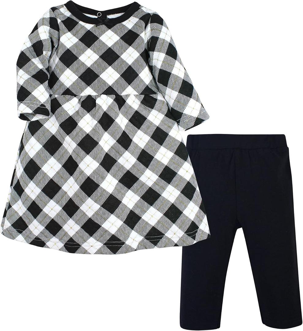 Hudson Baby Unisex Baby Quilted Cotton Dress and Leggings (6-9 Months, Black Gold Plaid)
