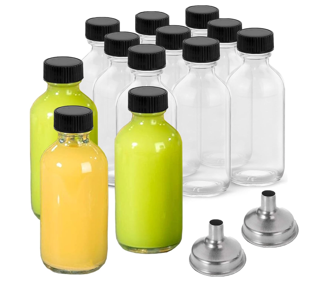 DIDITIME 12 Pack 2 oz Small Clear Glass Bottles with Lids & 2 Funnels  60ml Boston Round Sample Bottles for Potion, Juice, Ginger Shots, Oils, Whiskey, Wellness Shots, Mini Travel Bottles