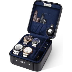 KAMIER Watch Case with Combination Lock - 4 Watch Storage and Jewelry Organizer - Watch Travel Case for Ring and Watch Storage, PU Leather Travel Watch Case, Ideal for Gift (With Gift Box),Black