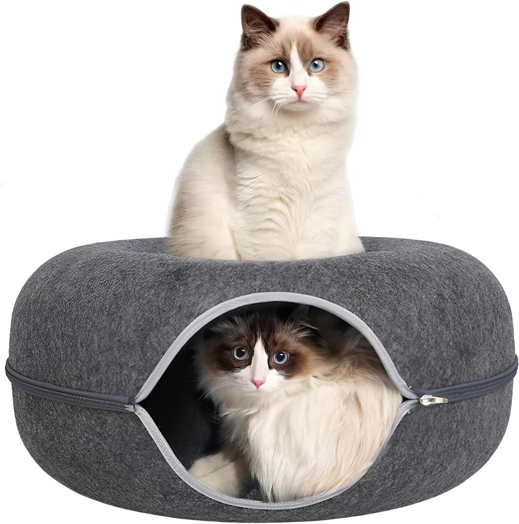 24inch-Tunnel Bed for Indoor,cattasaurus Peekaboo cat cave for Multiple,Detachable Felt Felt Washable Interior for Indoor Cats,Donut Tunnel (Dark Grey)