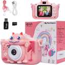 iMisH Upgrade 48M Kids Camera for Girls Boys Age 3-9, 1000mAh Large Battery with 1080p Video Camera for Kids - Shockproof Silicon Case and 32GB TF Card, Toddler Camera for Selfie (Pink)