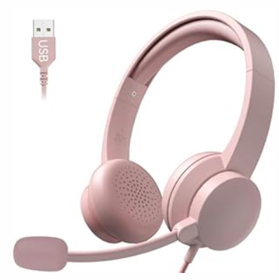 Headset with Mic for Work up to 40H Talk Time, Over-Ear Foldable Bluetooth Wireless Headset with AI Noise Cancelling Mic, Bluetooth V5.3 & USB Dongle & Mic Mute for Home Office (Light Pink)