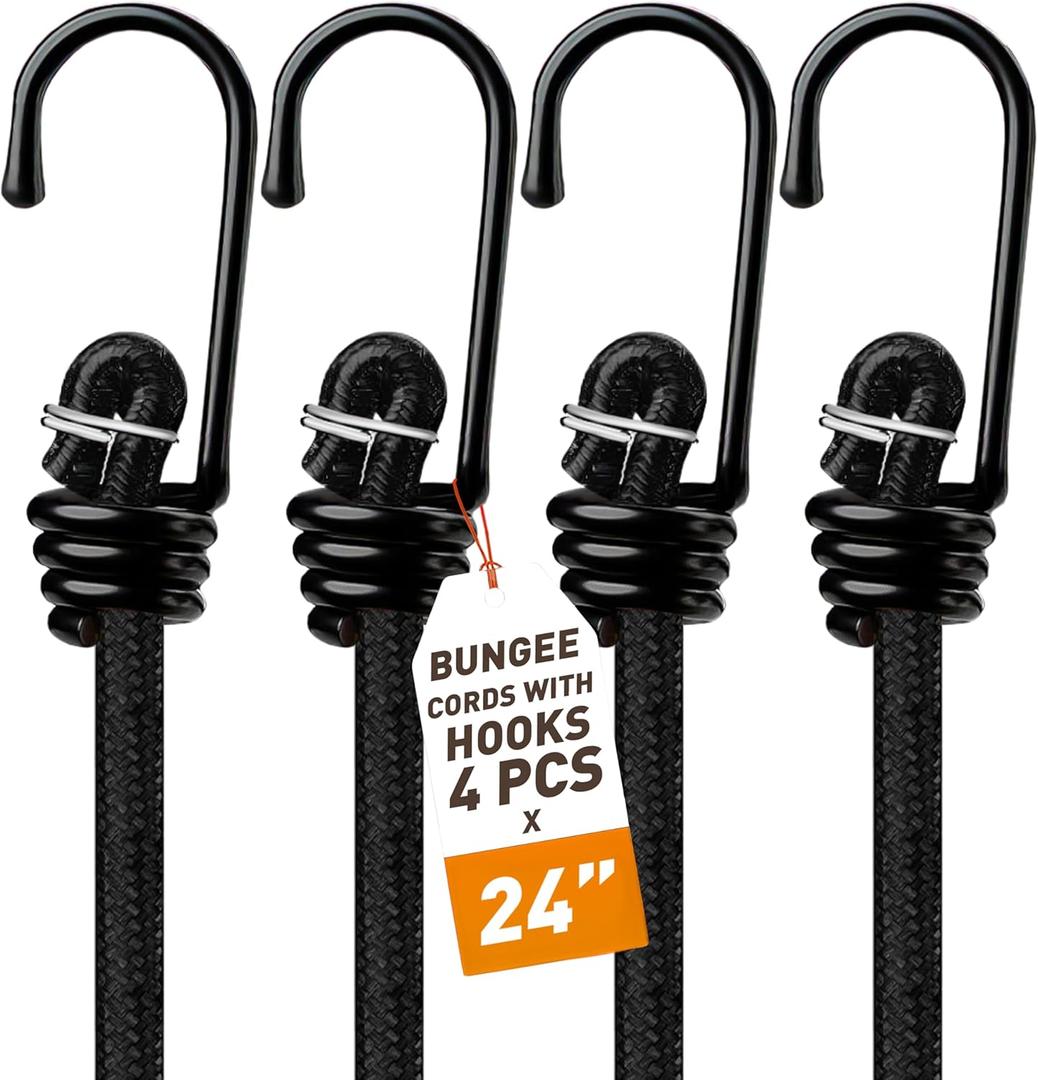 Black Bungee Cords with Hooks 24 inch - Bungie Cords Heavy Duty Outdoor 4 Piece Set UV Resistant