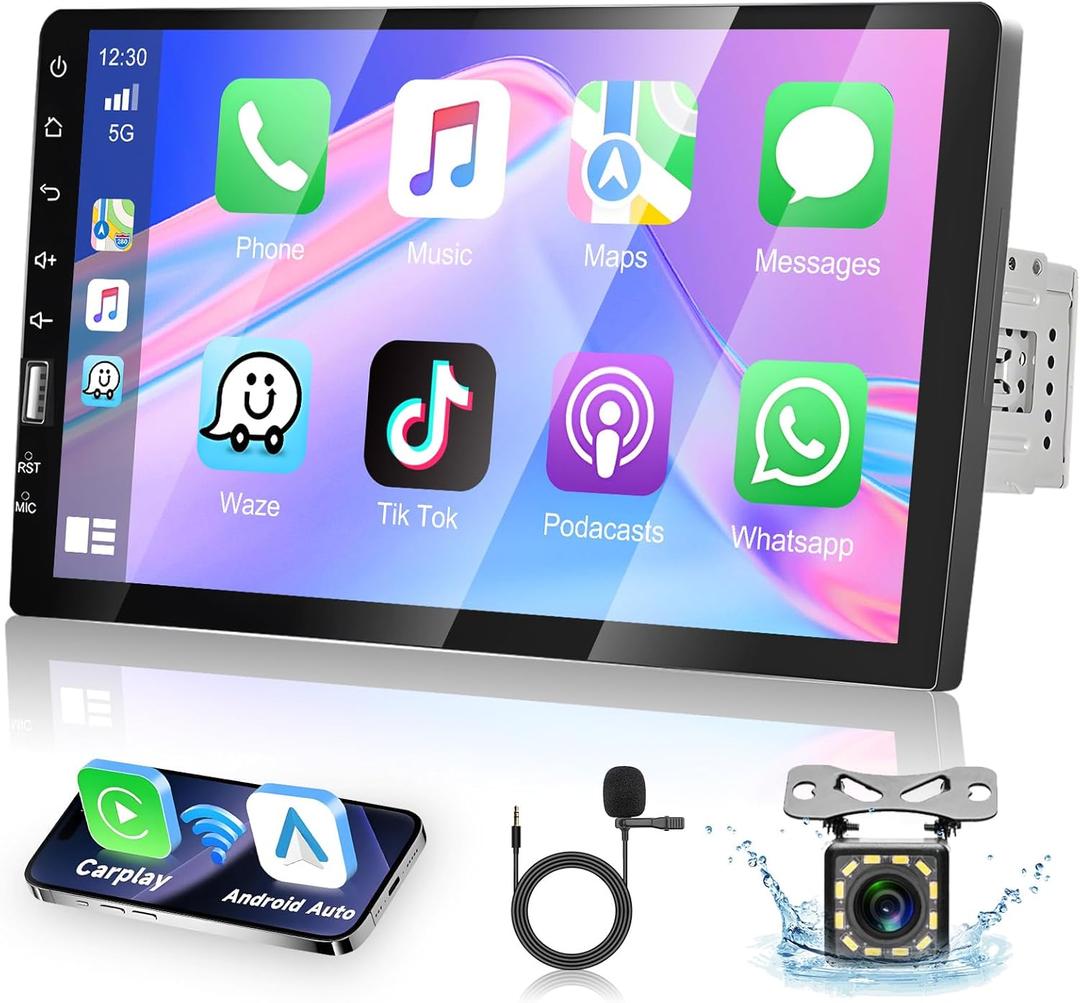 [Upgrade] 9 Inch Single Din Car Stereo Touchscreen Radio with Apple Carplay, Bluetooth, Android Auto, MirrorLink, Podofo Car Radio with FM/USB/SD/AUX/Subwoofer Ports, Fast Charging, Backup Camera