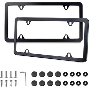 Black License Plate Frames 2 Pack, License Plate Holders Stainless Steel, Universal US Car License Plate Covers with Screws Washers Caps (4 Holes)
