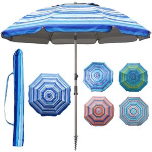 Blissun 7.2' Beach Umbrella with Sand Anchor, Outdoor Portable Beach Umbrella for Sand with Tilt Pole, Carry Bag, Air Vent (Blue & White)