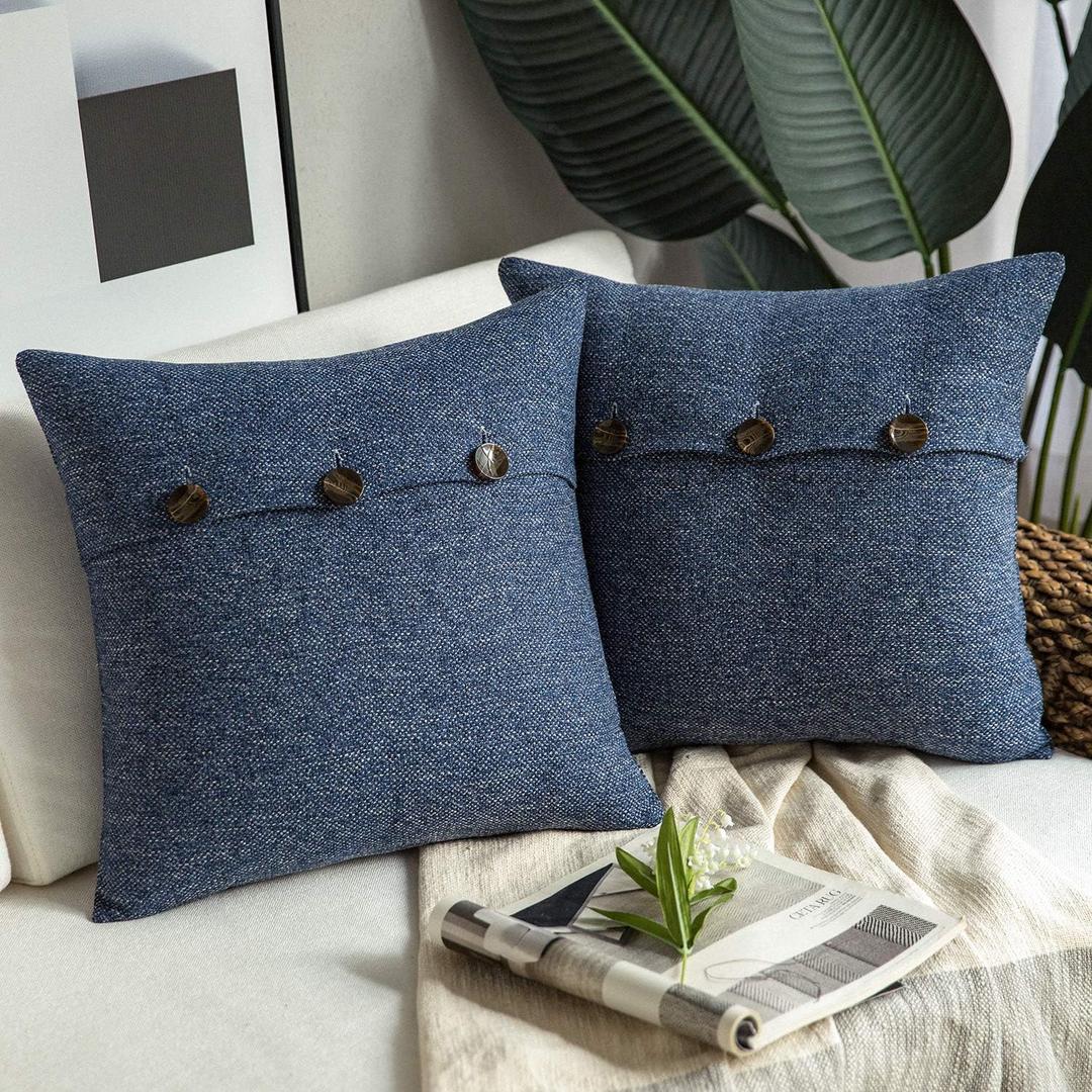 Phantoscope Farmhouse Geometric-Pattern Triple Button Vintage Linen Decorative Pillow Cover for Couch Bed and Chair Navy Blue, 22 x 22 inches 55 x 55 cm, Pack of 2