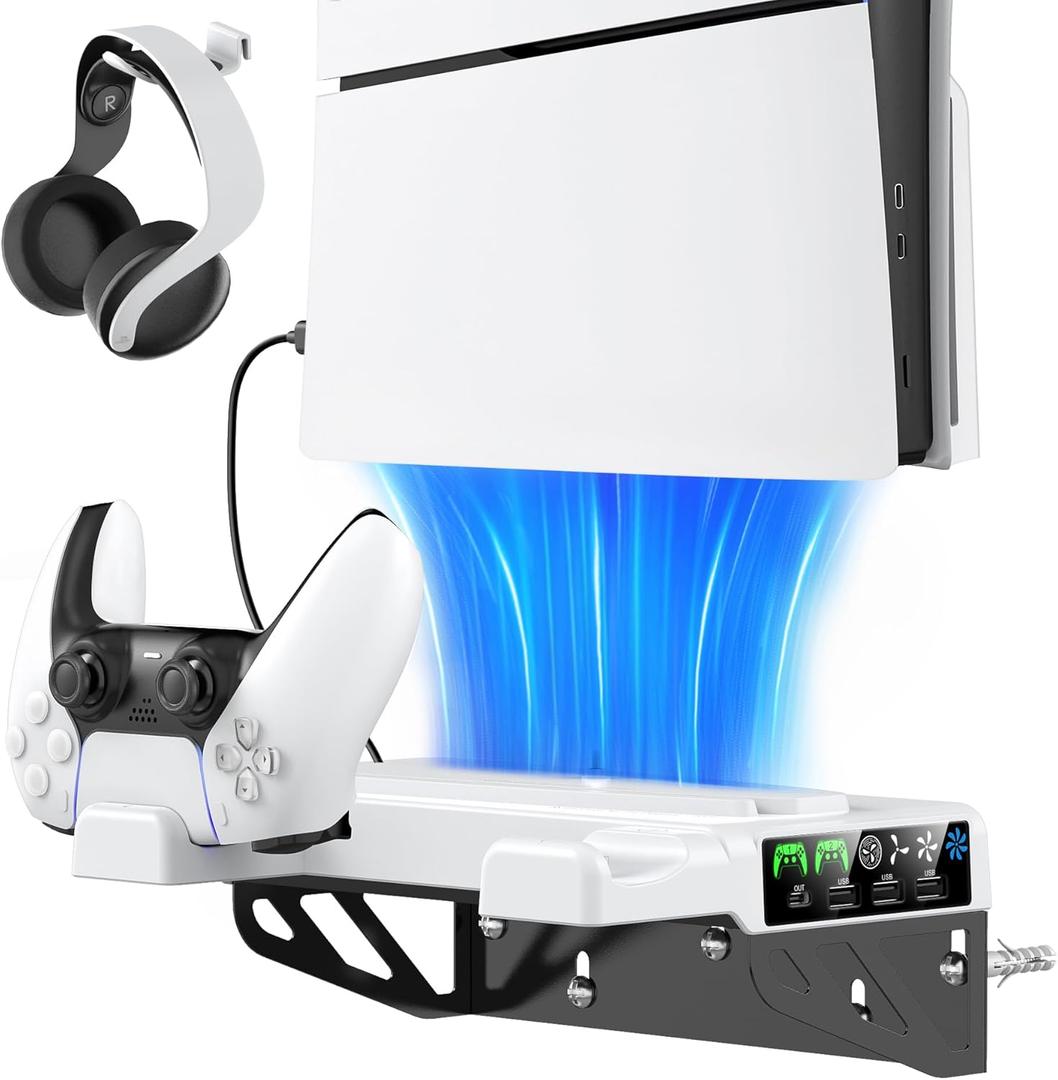 PS5/Slim/Pro Wall Mount Kit with Cooling Fan & Charging Station, PS5 Shelf Floating Mount for All PlayStation 5/Slim/Pro Disc & Digital Console, PS 5 Wall Bracket Behind TV, PS Five Pro Accessories (White)