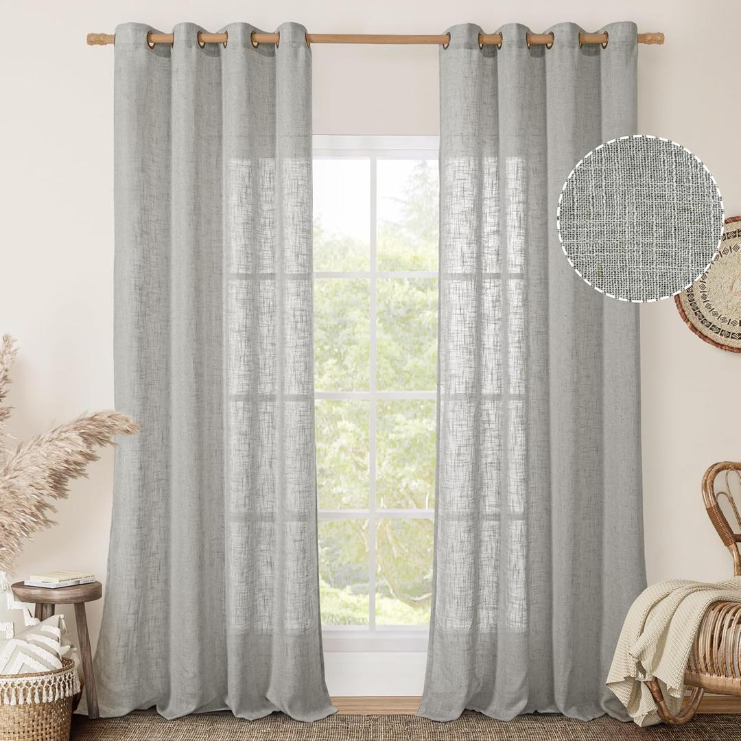 LAMIT Grey Linen Curtains 95 inch for Living Room, Semi Sheer Light Filtering Boho Window Textured Burlap Drapes with Bronze Grommet for Bedroom Farmhouse, 2 Panels Set, 52 x 95 Inch