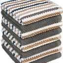 Bumble Premium Dish Cloths Towel 12"x12" | 100% Natural Ring Spun Cotton Tea Towel Set | 430 GSM | Highly Absorbent & Soft Dish Towels | 8 Pack - 4 Popcorn Wide Striped & 4 Solid Kitchen Towels - Gray (Grey - Wide Stripes)