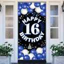 PHXEY Happy 16th Birthday Decorations for Boys & Girls, Blue Fabric Banner Backdrop for 16 Year Old Birthday Party, Perfect Photo Backdrop, Yard Sign, Cake Table Decor, Door or Entrance Sign