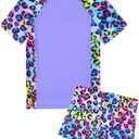 Snowheart Girls Swimsuit Short Sleeve Rash Guard with Shorts | For swimming, beach, pool parties. Super-soft, quick-drying, breathable. UPF 50+ sun protection.