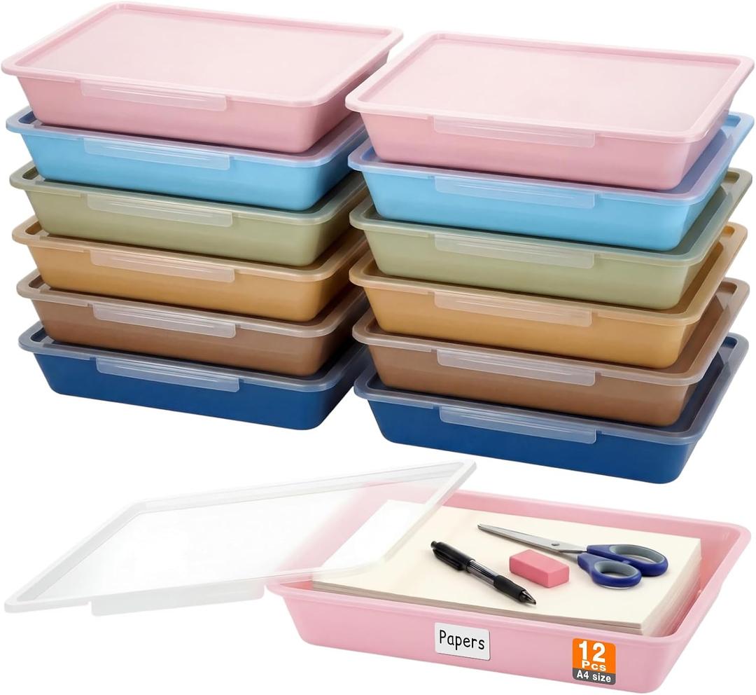 Tinlade 12 PCS Paper Storage Bin with Clear Latching Lid Label Sticker Colored Plastic Stackable Letter Size Flat Storage Tray Container for Classroom Office School Teacher Homeschool Sorting(Boho)