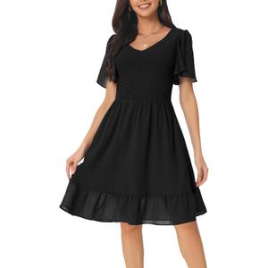 Seta T Women's Summer Chiffon Dresses Smocked V Neck Flutter Short Sleeve Flowy Casual Dress with Pockets (Black), S
