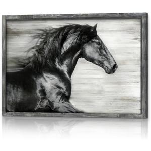Running Horse Wall Art Framed - Black White Wildlife Prints Wild Animal Portrait Picture Painting Wooden Artwork Decor for Living Room (36L" x 24W")