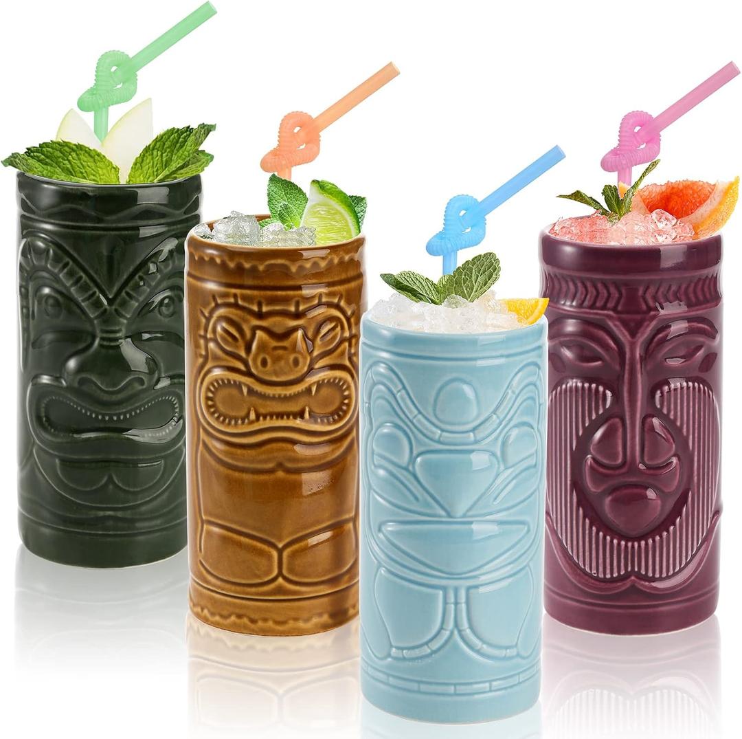 Cedilis 4 Pack Ceramic Tiki Mug, 10oz Tiki Drinking Cups, Exotic Zombie Cocktail Glasses, Tumblers Mai Tai glass, Tiki Bar Professional Hawaiian Halloween Party Barware