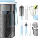 YOTIME Travel Baby Bottle Brush Set, Included Silicone Bottle Brush, Nipple Cleaner Brush, Straw Brush, Soap Dispenser and Drying Rack, Blue