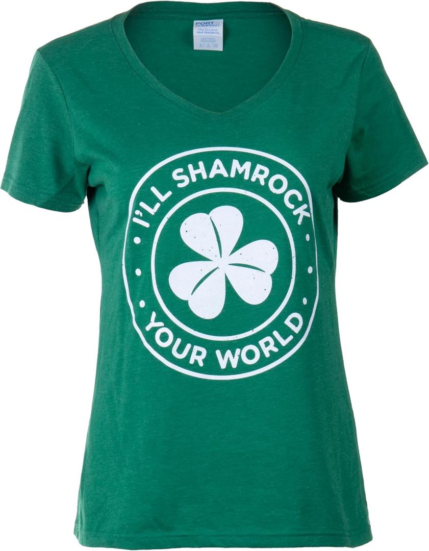 I'll Shamrock Your World | Funny St Pat's Paddy Patrick V-Neck T-Shirt for Women (Green, M)