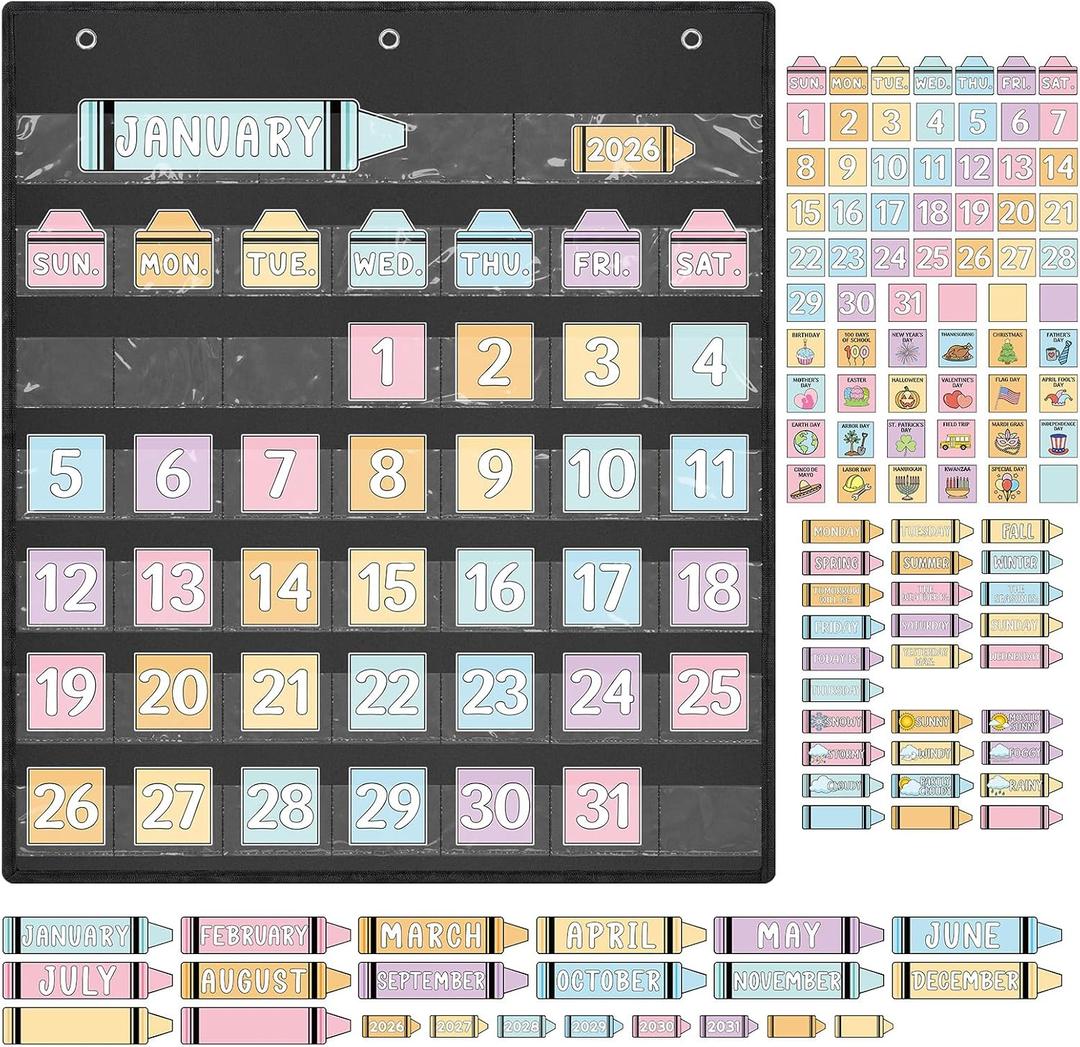 Tenceur 115 Pcs Pastel Calendar Pocket Chart Set Classroom Crayon