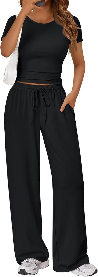 Trendy Queen 2 Piece Matching Summer Lounge Set Womens Side Ruching Top Wide Leg Pants Sets with Pockets Large