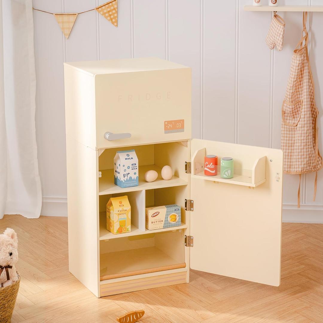 ROBOTIME Play Kitchen Toy Fridge - Wooden Toy Refrigerator with Accessories, Pretend Play Kitchen Set for Kids & Toddlers, Freezer with Play Food for Ages 3+ (Creamy Rustic Style)