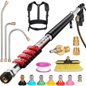 24FT Telescoping Pressure Washer Extension Wand, High Power Washer Wand Extension Pole with Support Belt & 3 Wand, 7 Spray Nozzle Tips, 4000PSI, Gutter Cleaning Tools