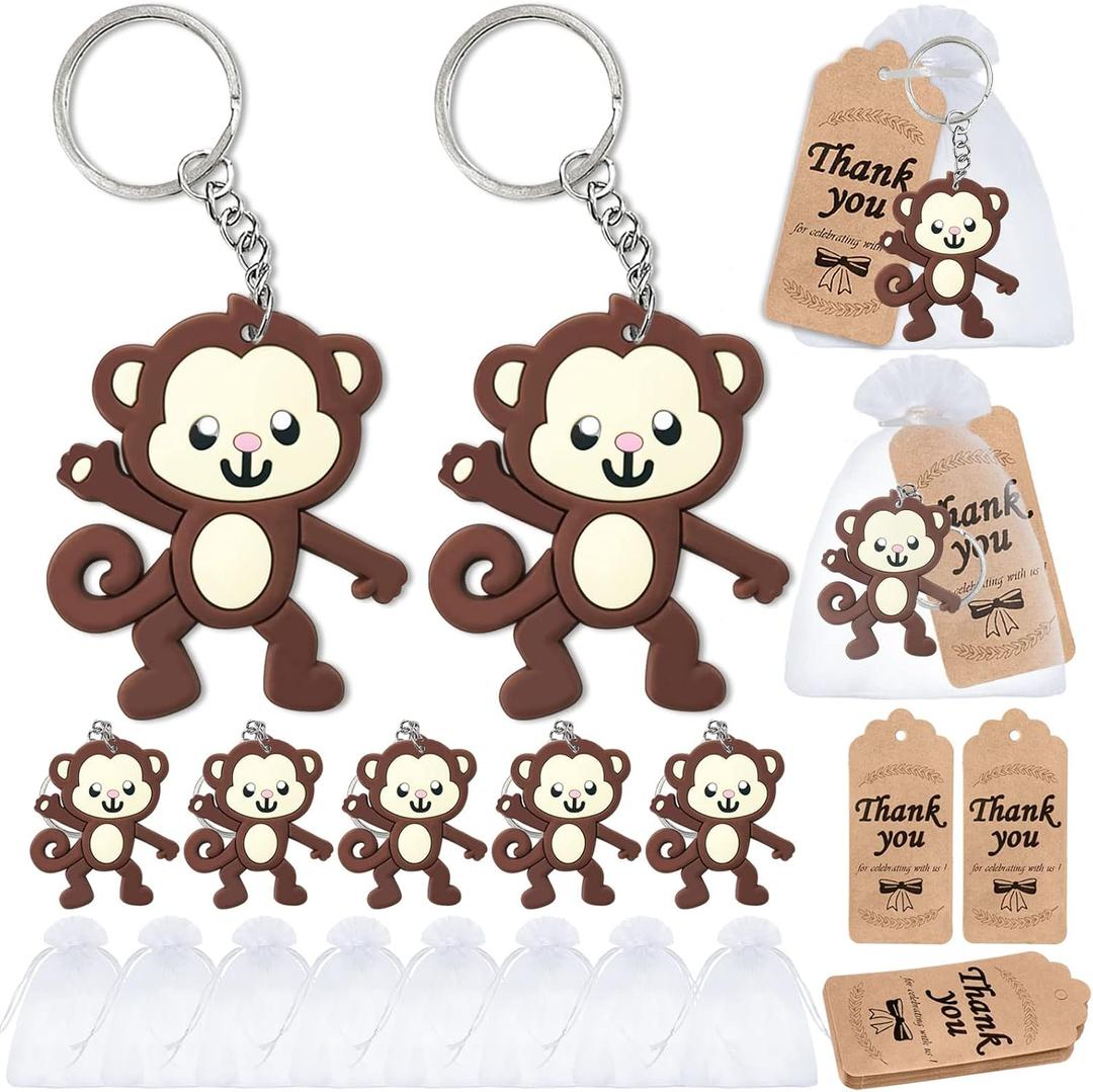 60 Pack Monkey Party Favors Include 20 Keychains + 20 Thank You Tags + 20 Goodie Bags for Monkey Lover, Birthday Return Gift, Safari Jungle Zoo Animal Party, Wild One Party