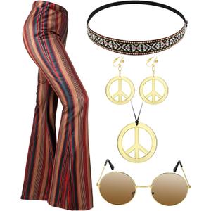 Unittype 5 Pcs 60s 70s Outfits Women Hippie Disco Costume Boho Flared Pant Peace Sign Necklace Earring for Halloween Party (XX-Large)