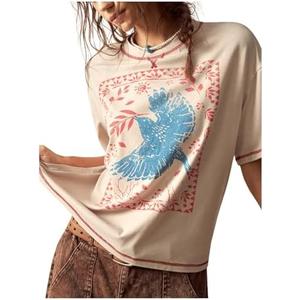BEAUDRM Women's Graphic Boho Short Sleeve Tee Tops Crewneck Loose Fit T Shirts Streetwear Beige L