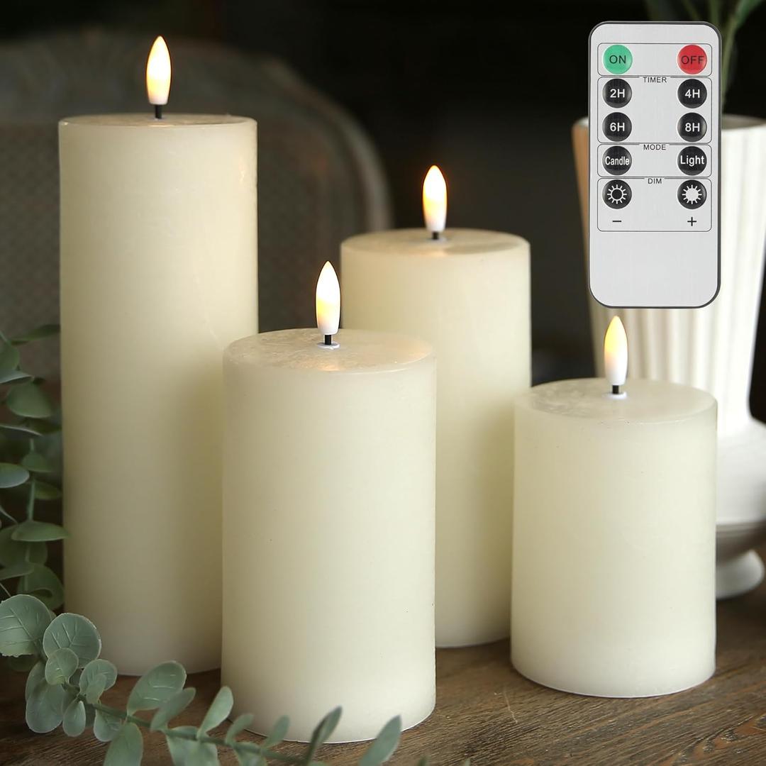 LUSHARBOR Flameless Candles, 4 Pack Battery Operated Candles with Remote, Real Wax LED Fake Candles with Timer Flickering for Christmas Wedding Home Party D3 H 5" 6" 7" 9" Ivory
