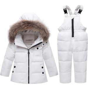 SANMIO Toddler Snowsuit Boy Girl Winter Coat Snow Pants Set, Hooded Down Jacket + Bib Pants Kids Windproof Skiing Suit (3-4T, White)
