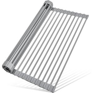 MERRYBOX Roll Up Dish Drying Rack, Over The Sink Dish Rack Foldable, Heat-Resistant, Anti-Slip Silicone Coated Steel Dish Drainer for Kitchen Sink, Multipurpose Roll Up Sink Drying Rack, 17.5" x 13"
