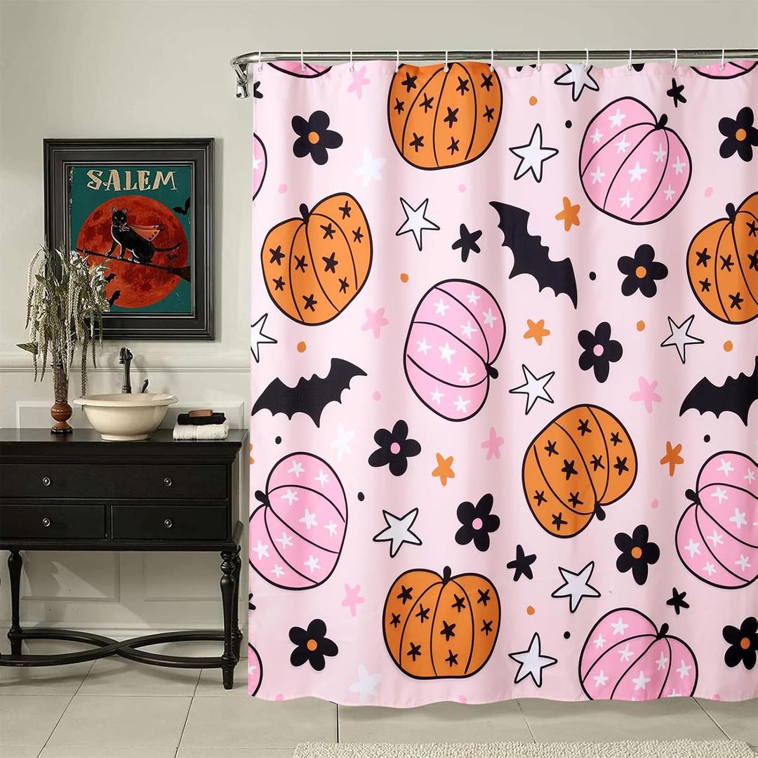 2 x Cute Pumpkins Fabric Shower Curtain Aesthetic Funky Fall Bathroom Decorations, Colorful Pink Boho Floral Fall Halloween Bats Shower Curtain Set with Hooks, Heavy Duty Waterproof (72"W x 72"L (Pack of 1))