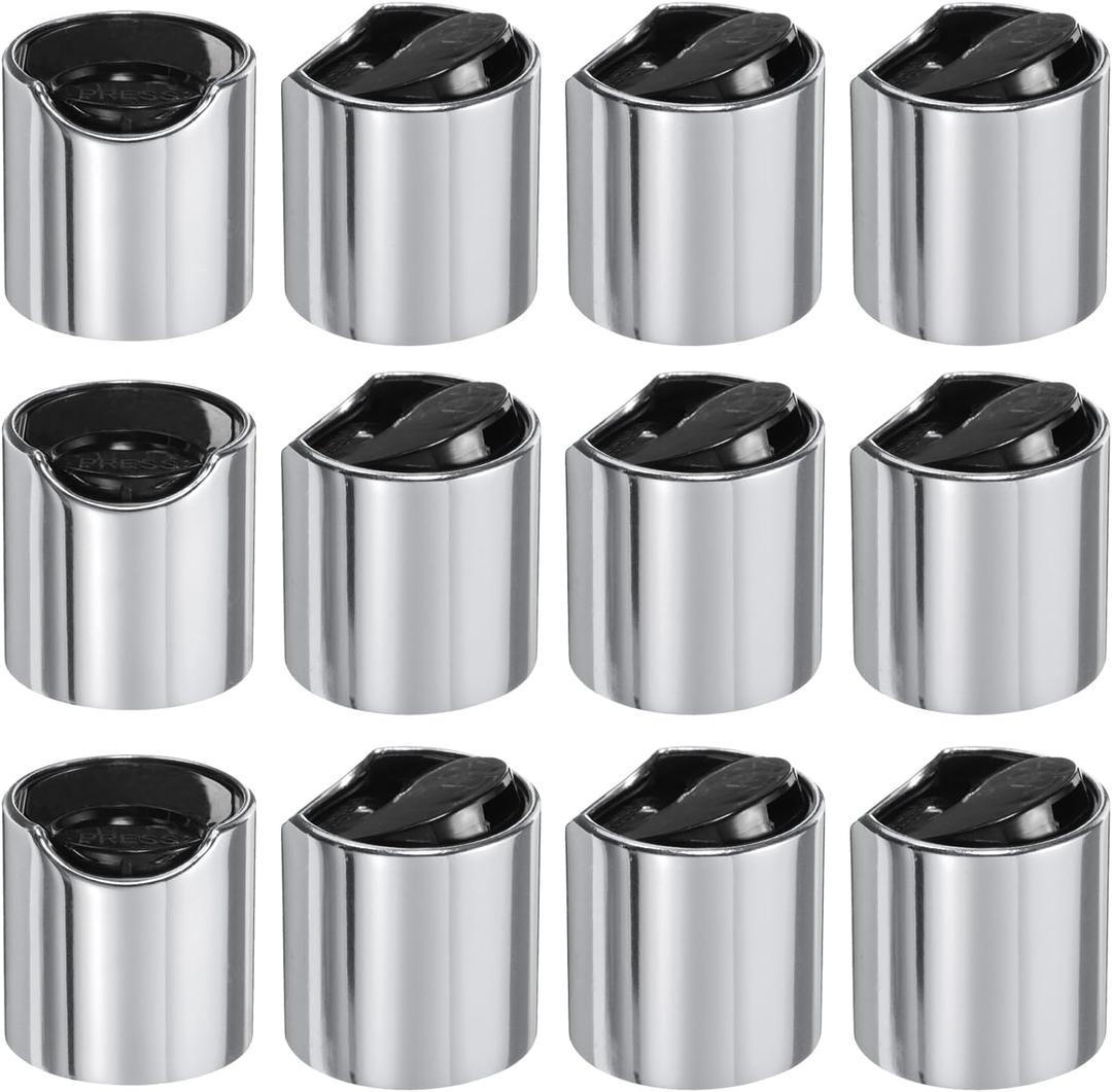 Uxcell 12pcs Aluminized Plastic Disc Top Caps, 24/410 Replacement Press Caps for Squeeze and Refillable Bottles, Durable Dispensing Lids, Silver Black