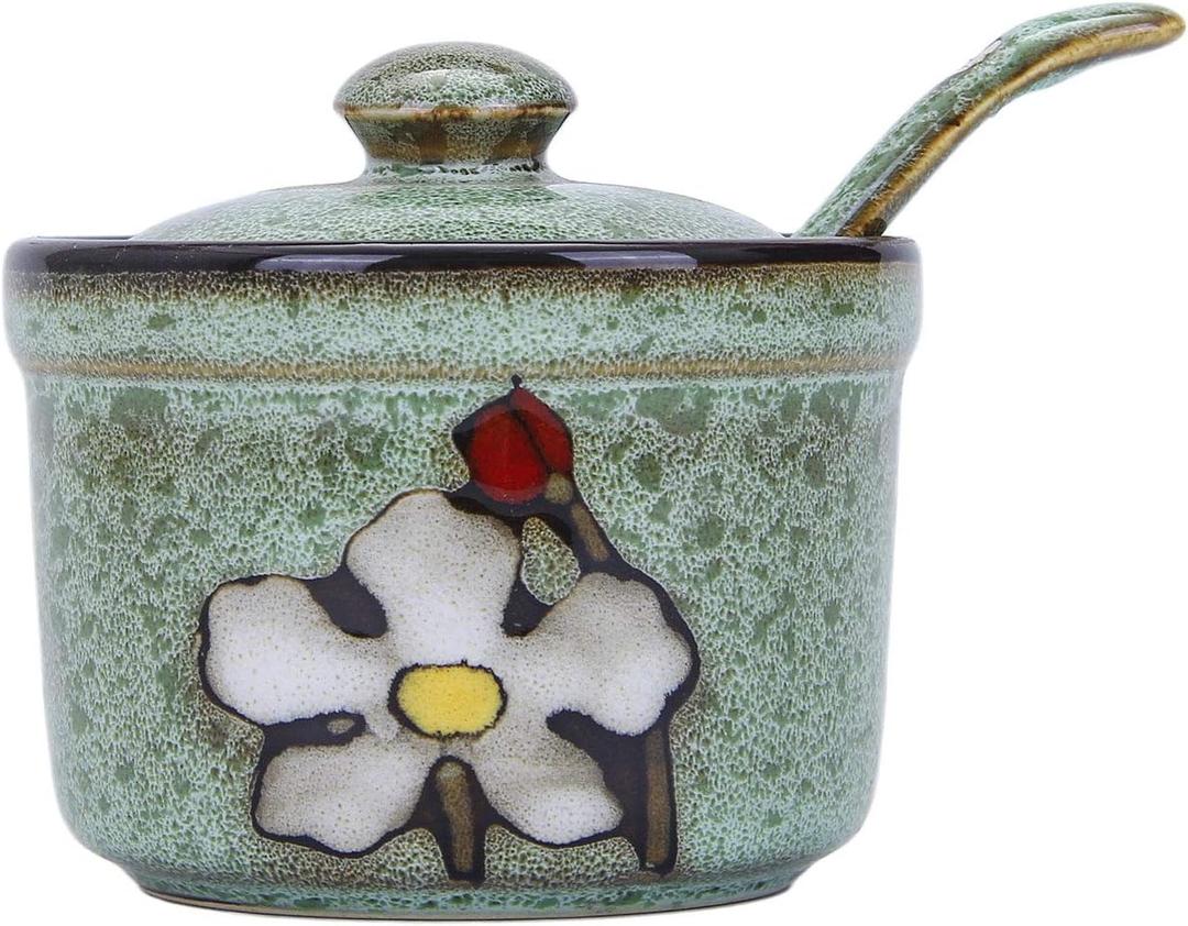 VanEnjoy Retro Hand Painted Flower Ceramic Round Sugar Bowls Spice Containers Porcelain Jar with Spoon Round Condiment (Green)