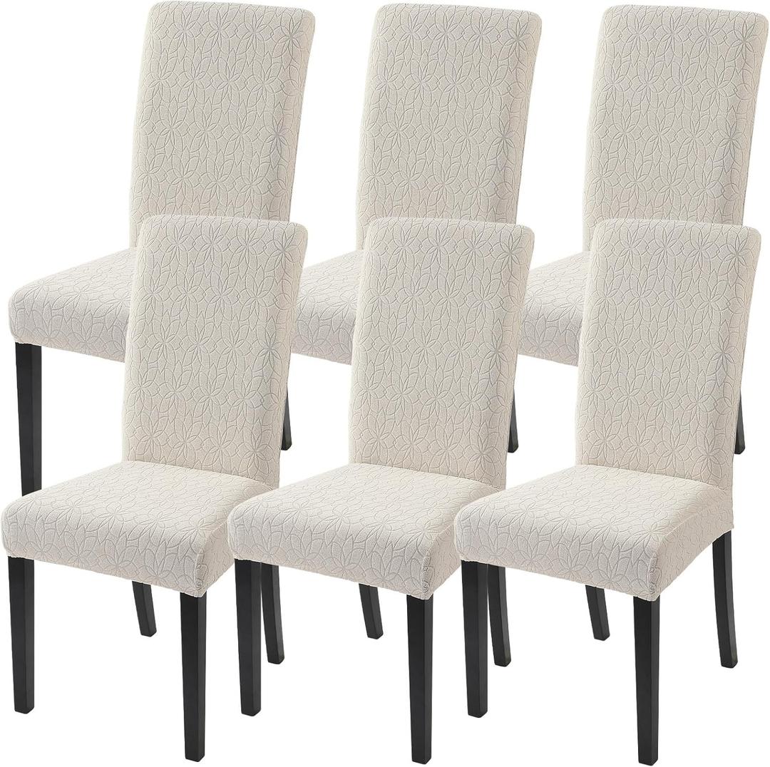 SearchI Jacquard Dining Room Chair Covers Set of 6, Stretch Kitchen Chair Covers Washable Parsons Chair Slipcover Removable Dining Chair Protectors for Hotel,CeremonyBeige Floral Texture