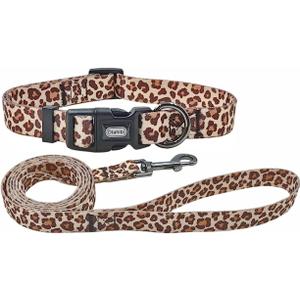 Dog Collar and Leash Combo Set, Leopard Pattern, Polyester Material, 150CM Matching Leash, for Small Puppy Dogs.(S, Light Coffee Leopard)