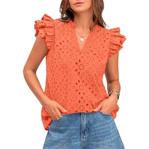 BTFBM Summer Tops for Women 2026 Dressy Casual Embroidered Eyelet Blouses V Neck Ruffle Sleeve Spring Fashion Clothing(Orange, XX-Large) I