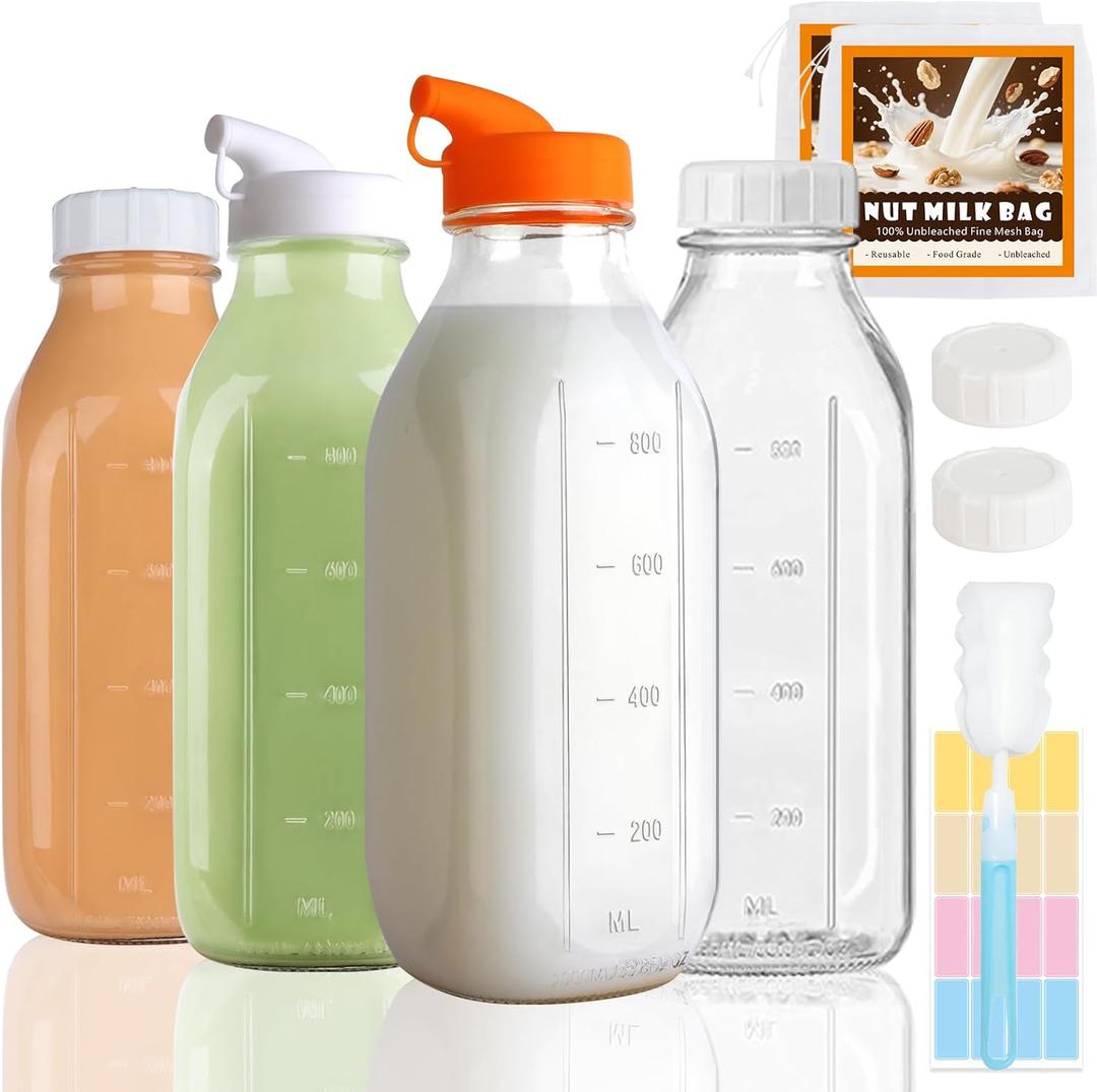 4 Pack 32 Oz Glass Milk Bottles with Nut Milk Bag & 2 Pour Spout & 2 Airtight Lids & Brush- 1Qt Scale Mark Drinking Jars Reusable Container for Milk, Juice, Water, Coffee for Refrigerator