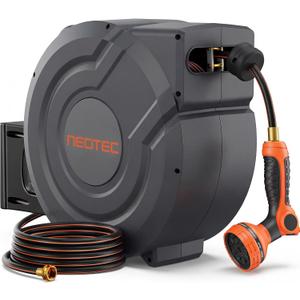 Upgraded Retractable Garden Hose Reel 5/8 inch x 100 ft Any Length Lock 9 Pattern Nozzle Wall-Mounted Automatic Slow Return 180 Swivel UV Resistant Heavy Duty Hose Reels for Outside