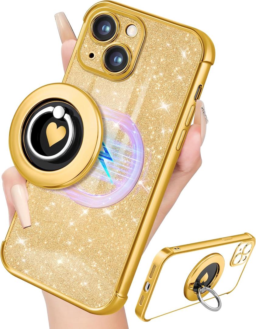 for iPhone 15 Plus Case - Women Glitter Bling Compatible with MagSafe Ring Stand Magnetic Phone Case Cute Girly Sparkly Luxury Elegant Girls Aesthetic for Apple 15 Plus Cases - Gold (Shine Glod)